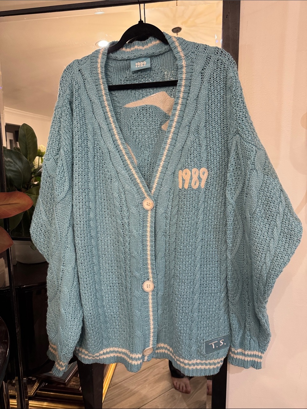 Taylor Swift Light Blue Cable-Knit Cardigan with Cream Trim